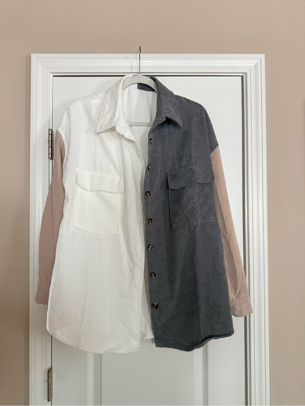 Two-Tone Corduroy Button-Up Shirt Jacket - White, Charcoal & Beige
